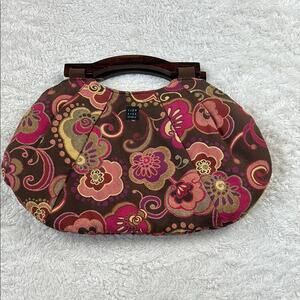 1154 Lill Studio floral print brown and pink wood handle hand bag